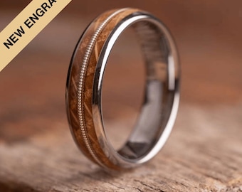 Guitar String &amp; Whisky Barrel Wood Tungsten Ring (6mm wide)