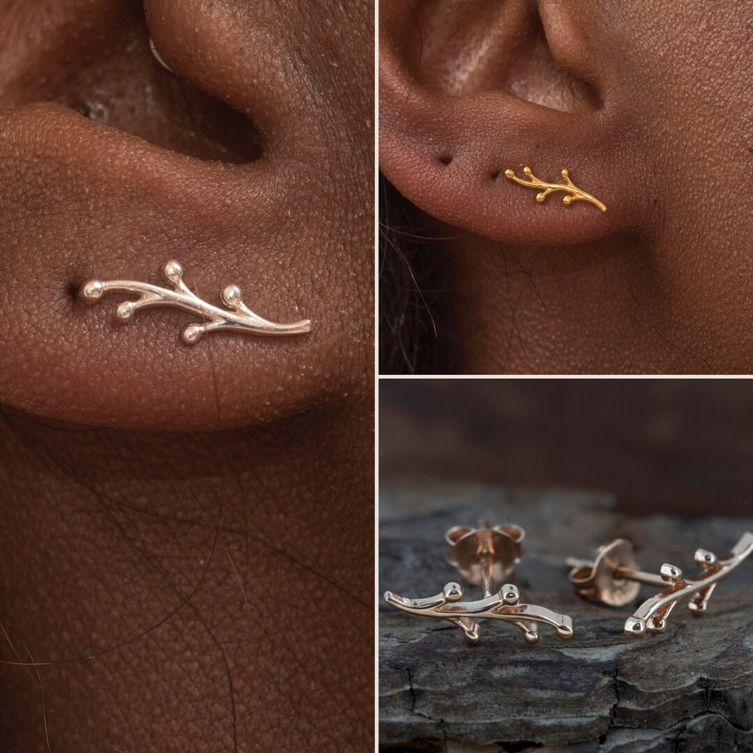 Vine Stud Earring Ear Crawler in Sterling Silver, Gold and Rose Gold