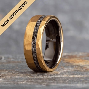 Hammered Tungsten Carbide Ring Gold with Meteorite Inlay (8mm wide) | Men&#39;s Ring | Gift Box Included