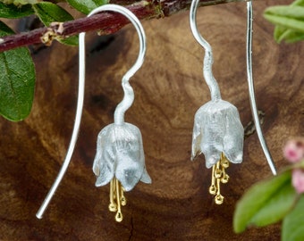Scottish Bluebell Handcrafted Brushed Sterling Silver Earrings with 18 Carat Gold
