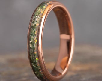 Rose Gold Moss Agate  and  White Opal Tungsten Ring (4mm Wide) | Unique Wedding Ring
