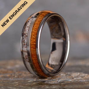 Sustainable Koa Wood and Stag Antler Tungsten Ring (8mm wide)