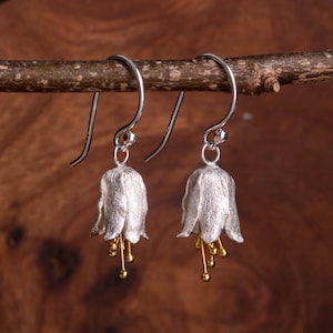 Scottish Bluebell Flower Dangle Earrings Sterling Silver and 18ct Gold