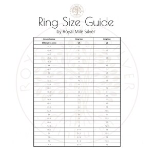 May include: A ring size guide by Royal Mile Silver. The chart lists ring sizes in millimeters, UK sizes, and US sizes. The chart includes measurements from 41.7 mm (US size 2) to 75.4 mm (US size 15).
