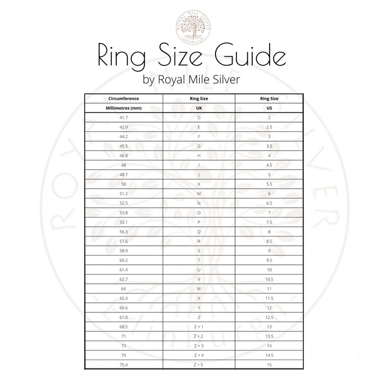 May include: A ring size guide by Royal Mile Silver. The chart lists ring sizes in millimeters, UK sizes, and US sizes. The chart includes measurements from 41.7 mm (US size 2) to 75.4 mm (US size 15).