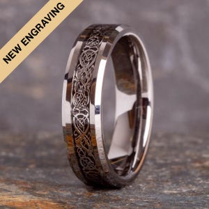 Tungsten Carbide Celtic Dragon Ring Silver Inlay | Matching Rings (6mm band)