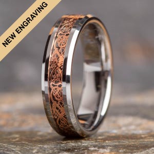 Tungsten Carbide Celtic Dragon Ring Rose Gold Inlay (6mm wide)