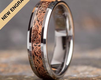 Tungsten Carbide Celtic Dragon Ring Rose Gold Inlay (6mm wide)