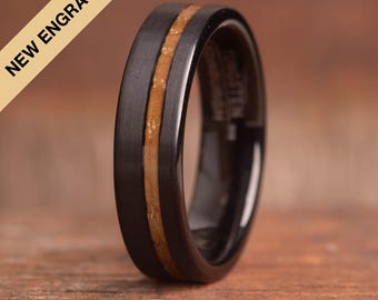 Black Tungsten Ring with Whisky Barrel Wood Inlay (6mm)