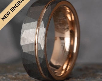 Hammered Silver Tungsten Ring with Rose Gold Accent (8mm wide)