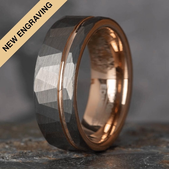 Hammered Silver Tungsten Ring with Rose Gold Accent (8mm wide)