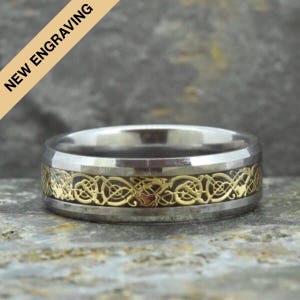 Gold and Black Celtic Dragon Tungsten Ring (8mm wide)