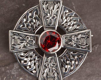 Celtic Cross Brooch With Garnet Zirconia | Scottish Clothing Pin
