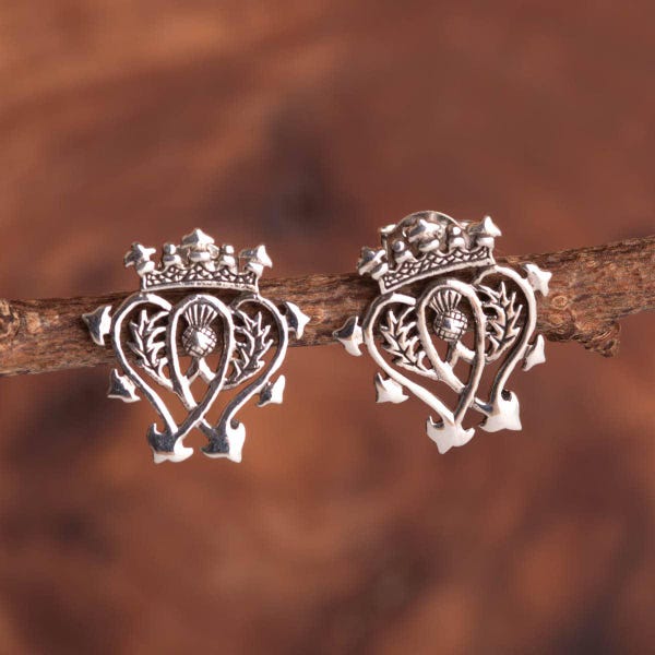 Scottish Luckenbooth Sterling Silver Stud Earrings, Hypoallergenic Heart Earrings, Celtic Thistle Jewellery, Gift for Her