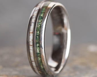 Moss Agate And Stag Antler Silver Tungsten Ring (6mm Wide) | Unique Wedding Band