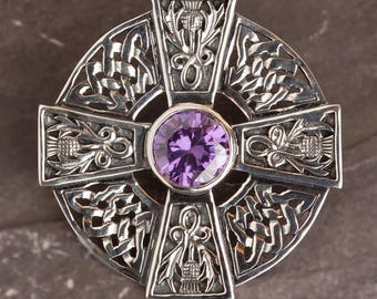 Celtic Cross Brooch With Amethyst Zirconia | Scottish Clothing Pin