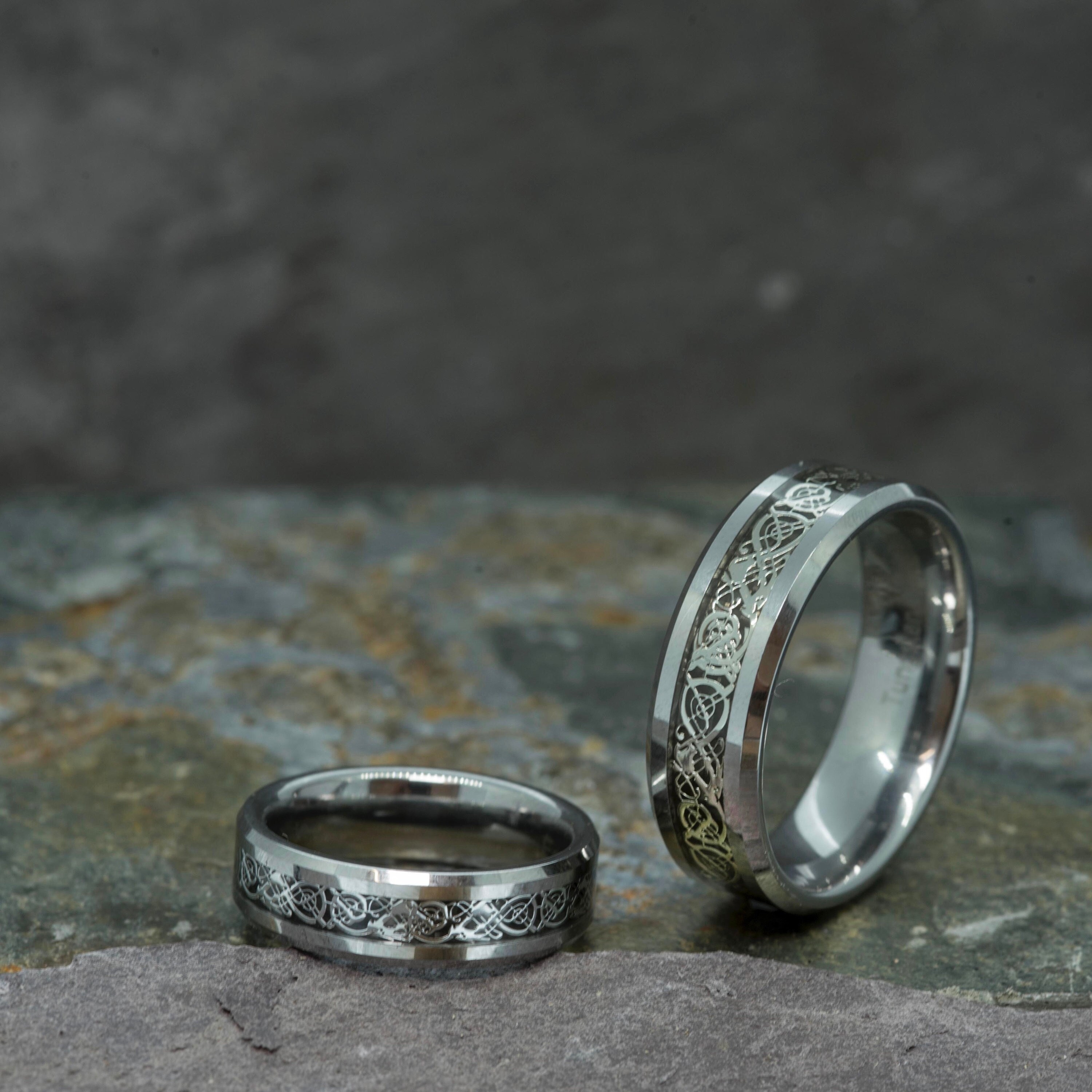 Mens Tungsten Wedding Band Ring Silver Celtic Dragon Black CZ Inlaid Size 6-15 