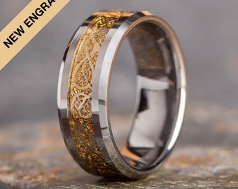 Tungsten Celtic Dragon Ring Gold Inlay Wedding Band (8mm wide) | Engraving Personalisation Available