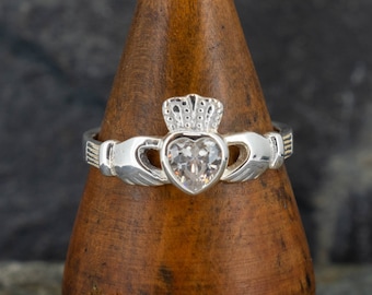 Irish Sterling Silver Claddagh Ring With Cubic Zirconia Gem UK