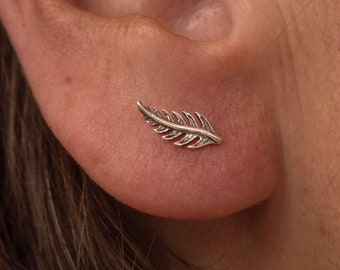 Silver Fern Ear Crawler Stud Earrings | Sterling Silver Leaf Earrings