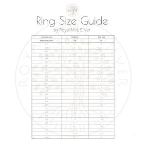 May include: A ring size guide chart with a white background and black text. The chart lists ring sizes in UK and US sizes, along with the corresponding circumference in millimeters.
