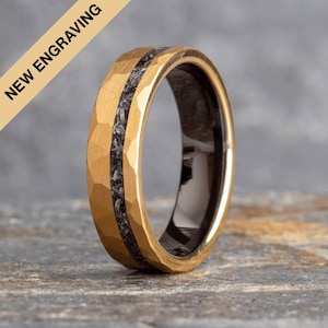 Hammered Tungsten Carbide Ring Gold with Meteorite Inlay (6mm wide)