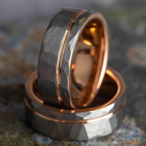 Hammered Silver Tungsten Ring with Rose Gold Accent (8mm wide) image 6