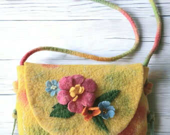 Petit sac à bandoulière en feutre, sac à main jaune avec fleurs