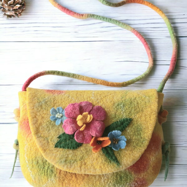 Petit sac à bandoulière en feutre, sac à main jaune avec fleurs