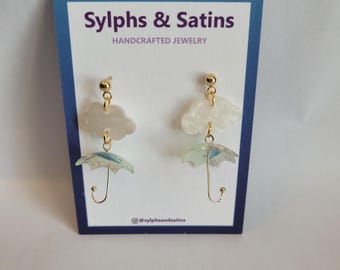 Rainy day clouds and umbrella dangle stud earrings