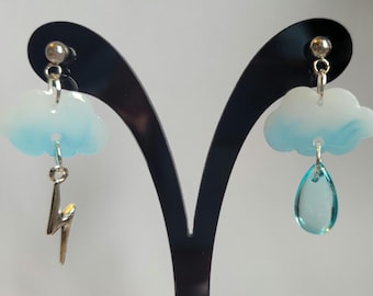 Rainy day clouds and lightning dangle stud earrings