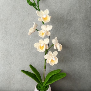 May include: A crocheted orchid plant in a white pot. The off-white flowers have yellow centers and are attached to a green stem. The plant has green leaves and is set against a gray background.