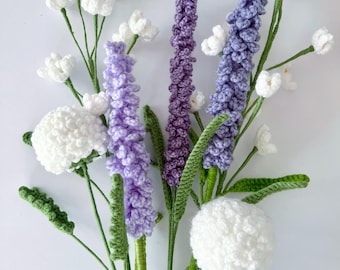 Eenvoudig gehaakt bloementriopatroon: lavendel, baby's Breath, pompon (pdf voor beginners)