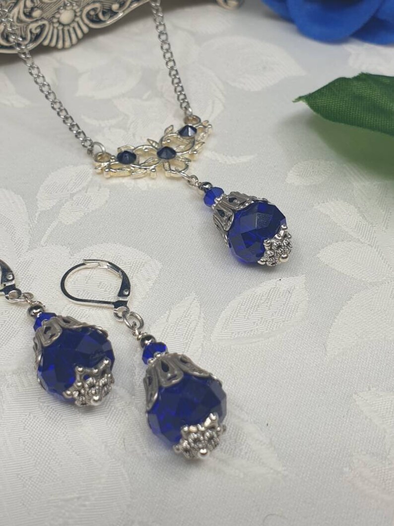 Sapphire Sterling Silver Victorian Revival Antique Filigree Wedding Pendant /& drop earrings Bridal set SteamEmpressDesigns