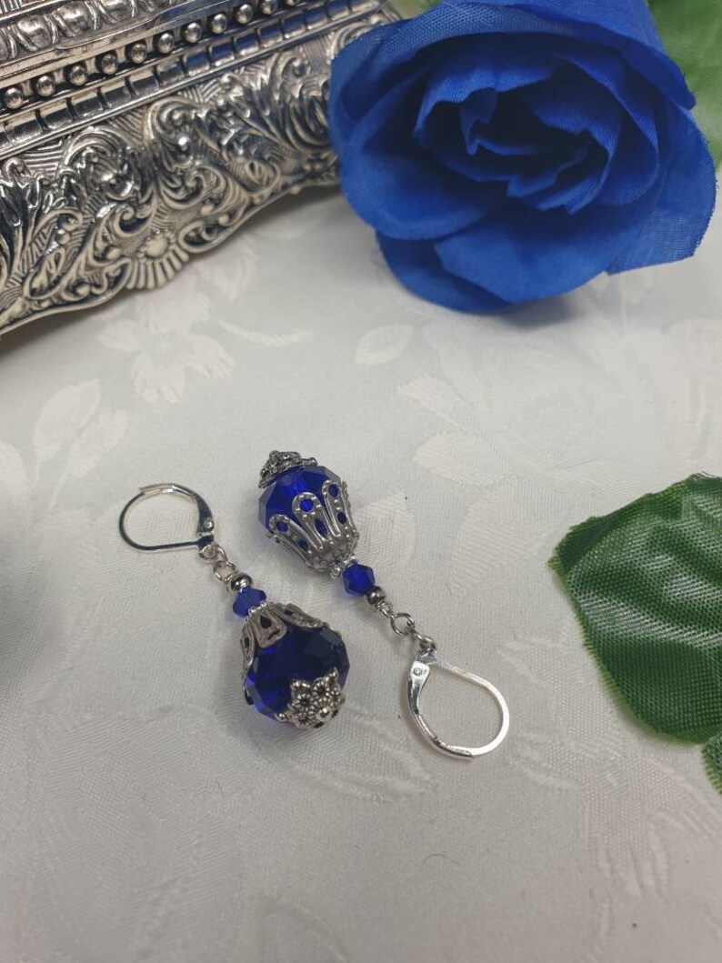 Sapphire Sterling Silver Victorian Revival Antique Filigree Wedding Pendant /& drop earrings Bridal set SteamEmpressDesigns