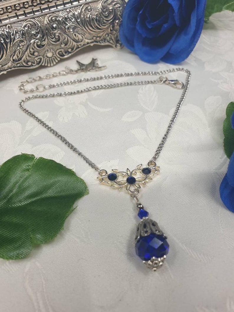 Sapphire Sterling Silver Victorian Revival Antique Filigree Wedding Pendant /& drop earrings Bridal set SteamEmpressDesigns