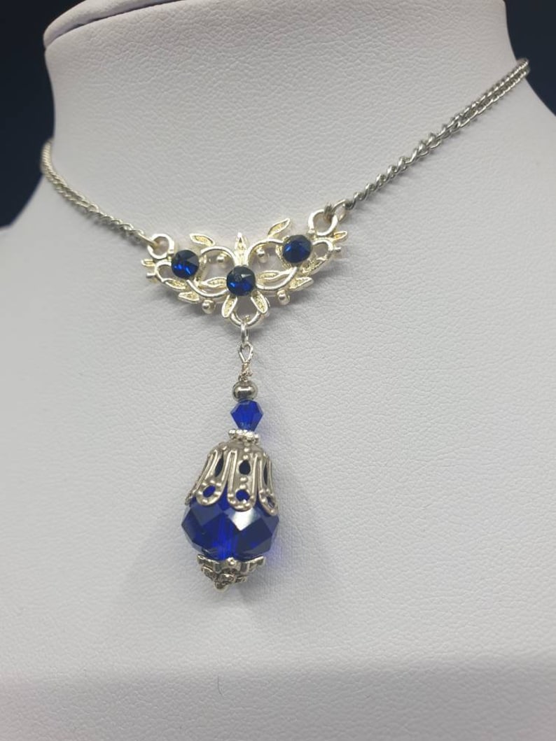 Sapphire Sterling Silver Victorian Revival Antique Filigree Wedding Pendant /& drop earrings Bridal set SteamEmpressDesigns