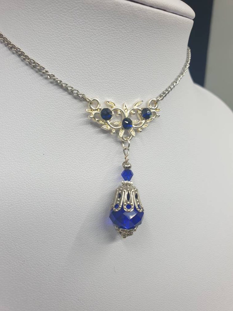 Sapphire Sterling Silver Victorian Revival Antique Filigree Wedding Pendant /& drop earrings Bridal set SteamEmpressDesigns