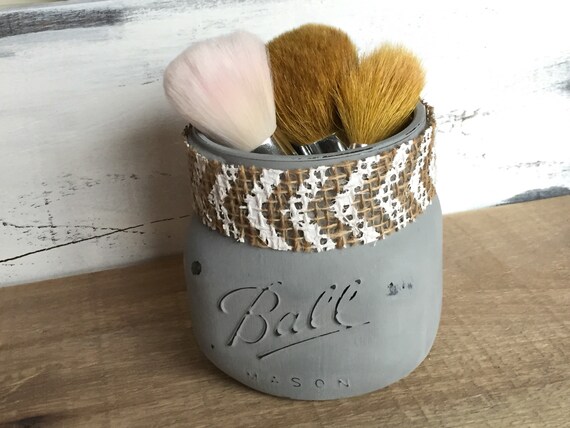 Rustic Grey Mason Jar Cosmetics Holder White Chevron Decor Etsy