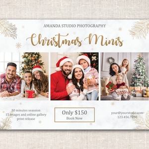 May include: A Christmas mini photo session advertisement with a white background and gold accents. The ad features three photos of families posing in front of a Christmas tree. The text reads "Amanda Studio Photography Christmas Minis 30 minutes session 15 images and online gallery print release Only $150 Book Now your@yourstudio.com 123.456.7890"