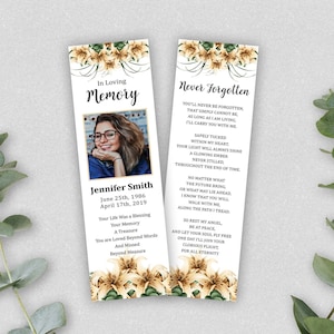 Funeral bookmark | Memorial Bookmark | Funeral Keepsake | Funeral Favors | Memorial Card for Remembrance | Printable Bookmark