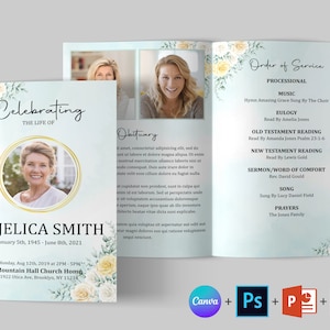 Greenery Rose Floral Funeral Program Template | Funeral Program Template Word | 8 Pages | Memorial program | Obituary Program Canva Template