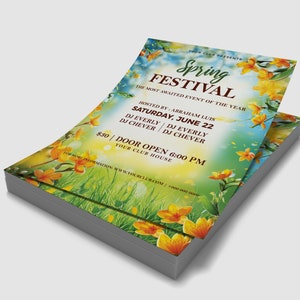 May include: A flyer for a Spring Festival with a floral design. The flyer is titled "Spring Festival" and features the text "The most awaited event of the year." The flyer also includes the date and time of the event, as well as the names of the DJs performing. The flyer is printed on a stack of paper.