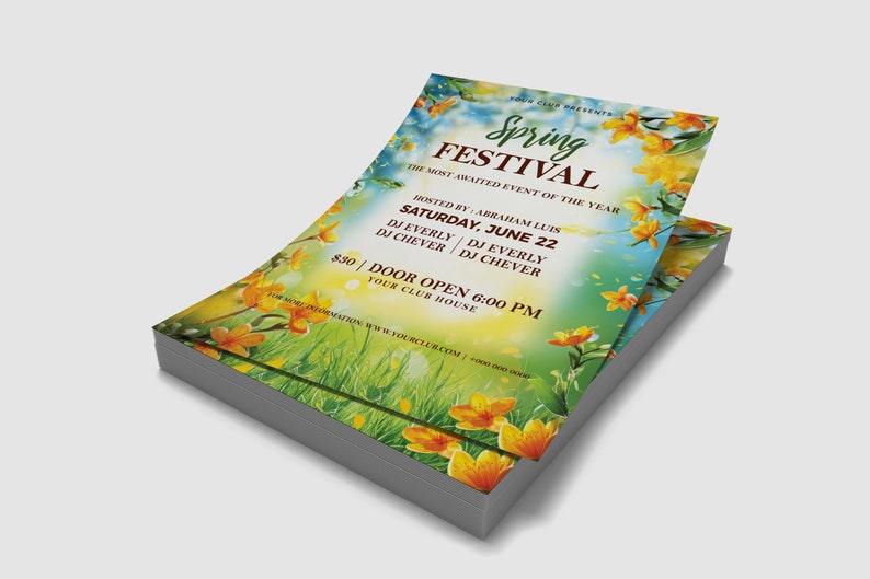 May include: A flyer for a Spring Festival with a floral design. The flyer is titled "Spring Festival" and features the text "The most awaited event of the year." The flyer also includes the date and time of the event, as well as the names of the DJs performing. The flyer is printed on a stack of paper.