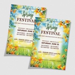 May include: A flyer for a Spring Festival hosted by Abraham Luis. The flyer features a colorful background with yellow flowers and green grass. The text on the flyer reads "Spring Festival", "The Most Awaited Event of the Year", "Saturday, June 22", "DJ Everly", "DJ Chever", "$30", "Door Open 6:00 PM", and "Your Club House".
