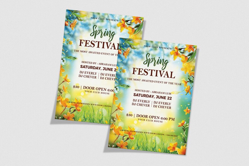 May include: A flyer for a Spring Festival hosted by Abraham Luis. The flyer features a colorful background with yellow flowers and green grass. The text on the flyer reads "Spring Festival", "The Most Awaited Event of the Year", "Saturday, June 22", "DJ Everly", "DJ Chever", "$30", "Door Open 6:00 PM", and "Your Club House".