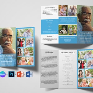 May include: A blue and white tri-fold funeral program template with a photo collage of a man and his family. The program includes sections for acknowledgement, pallbearers, repast, interment, obituary, and order of service. The text on the program reads "Joan Smith" and includes service information.