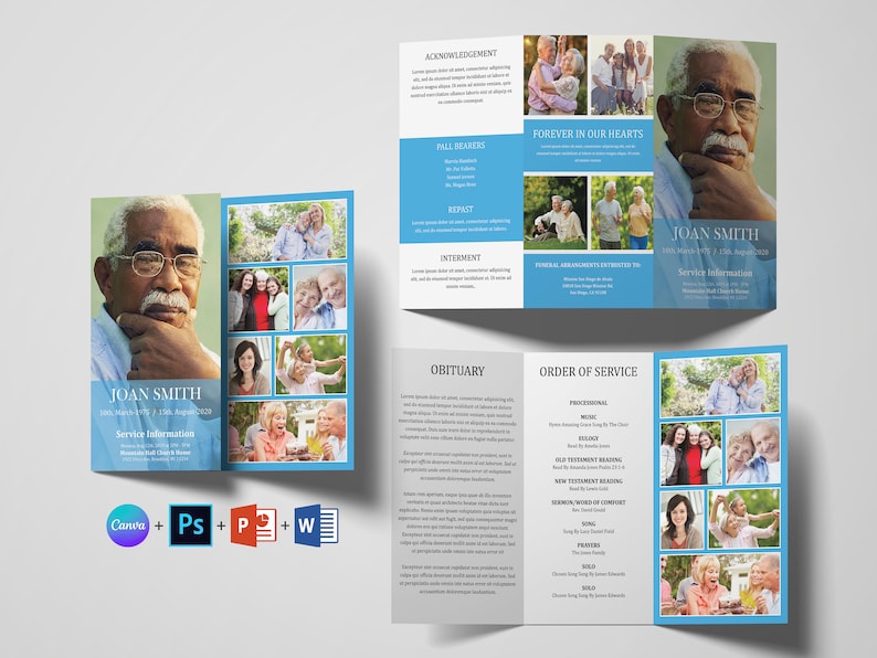 May include: A blue and white tri-fold funeral program template with a photo collage of a man and his family. The program includes sections for acknowledgement, pallbearers, repast, interment, obituary, and order of service. The text on the program reads "Joan Smith" and includes service information.
