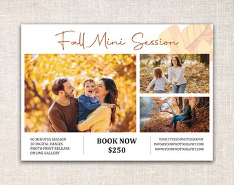 Könnte beinhalten: Fotopaket Fall Mini Session mit drei Bildern von Familien in einem Park mit Herbstlaub. Das Paket beinhaltet eine 90-minütige Sitzung, 30 digitale Bilder, eine Fotodruckfreigabe und eine Online-Galerie. Der Preis beträgt 250 €. Die Kontaktdaten des Studios sind enthalten.