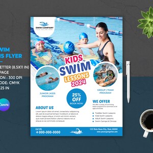 Kids Swim Lessons Flyer: Canva & Photoshop Template
